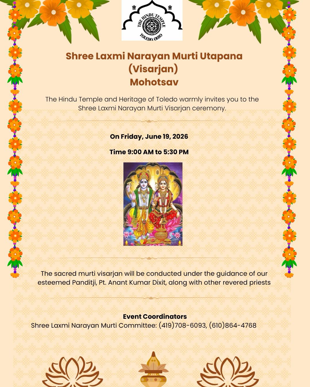 Shree Laxmi Narayan Murti Utapana Visarjan event flyer